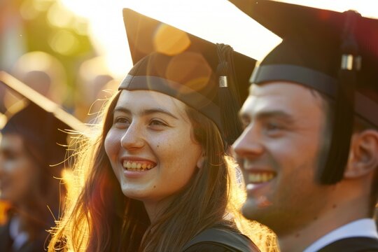 A diverse group of jubilant graduates in caps and gowns share a joyful moment together, their faces beaming with pride and accomplishment