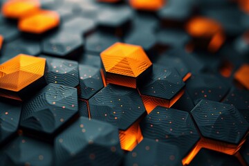 Abstract representation of modern software engineering with overlapping gray and orange hexagons, suggesting complexity and collaboration. - obrazy, fototapety, plakaty