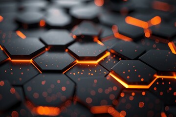 Obraz premium Interlocking gray and orange hexagons form an abstract network, symbolizing modern software engineering