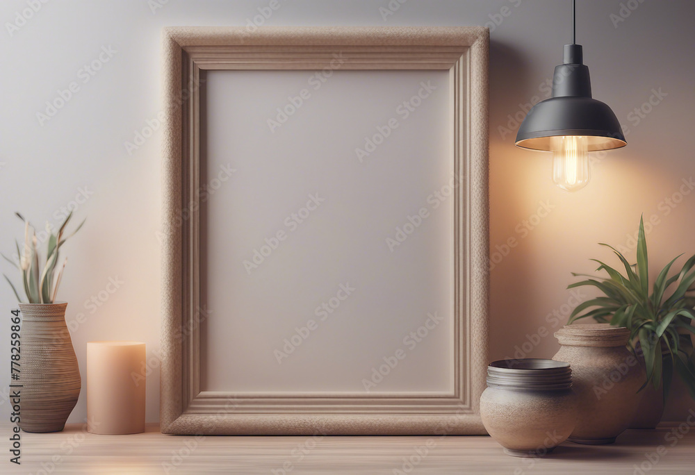 Poster mock up frame close up in home interior background boho style 3d render
