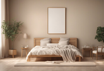 Mock up frame in bedroom interior background beige room with natural wooden furniture 3d render