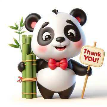 Cute character 3D image of panda with bamboo and saying thanks white background