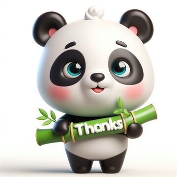 Cute character 3D image of panda with bamboo and saying thanks white background