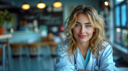 Portrait of Smiling Female Doctor: Hospital Cafe Break