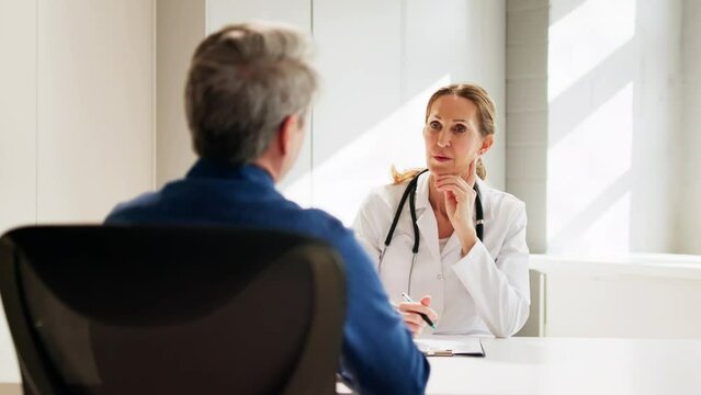 Medical Doctor And Patient In Hospital. Man Talking
