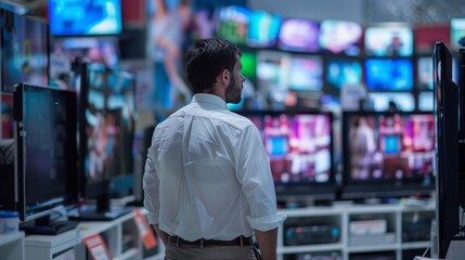 Male costumer looking TVs in Home Electronics Store