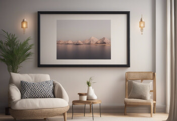 Mock up poster frame in living room interior ethnic style 3d render