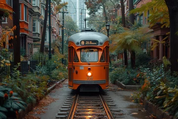 Fototapeten Streetcar Line Classic streetcar traveling along tracks in a charming urban setting © create