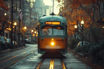 Deurstickers Streetcar Line Classic streetcar traveling along tracks in a charming urban setting © create