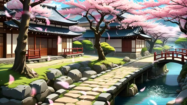 Garden with Japanese house, cherry blossom trees, path to water pond. Seamless looping 4k time-lapse video animation background