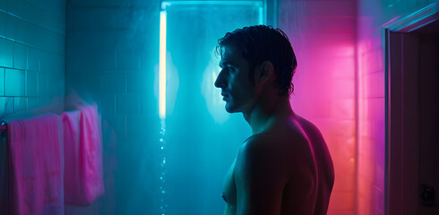 a man in a shower with a light on the wall behind him