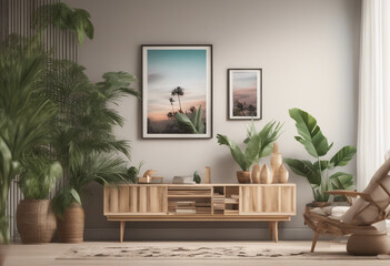 Mock-up poster in tropical living room background Scandi-boho style 3d render