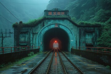 Train Tunnel Entrance Train entering a tunnel in a scenic mountainous area - obrazy, fototapety, plakaty