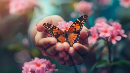 butterfly and flower on a girl's hands