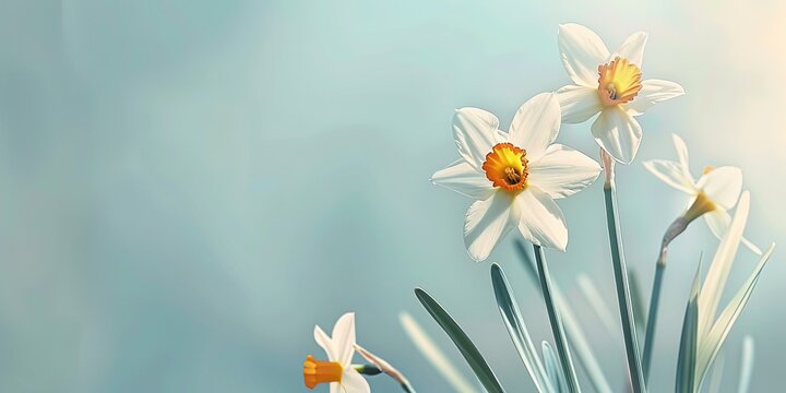Delicate white daffodils on a light blue background,wallpaper .