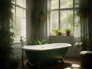 a green bathtub sits in front of a window with plants in the window