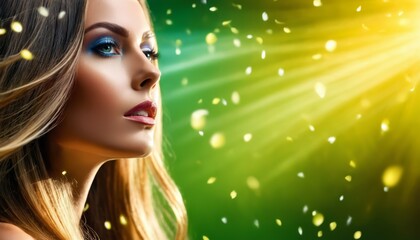   A stunning woman with long blonde hair and piercing blue eyes gazes into the distance against a backdrop of brilliant lights