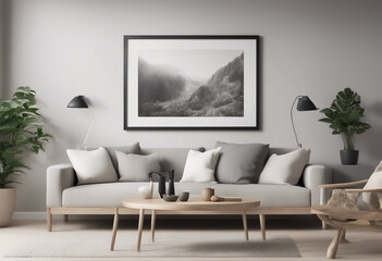Mockup frame in Scandinavian living room interior background 3d render