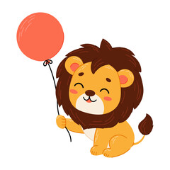 Fototapeta premium Cute smiling lion cub with a ball. Lion in flat style. Funny kids character. Wild animals.
