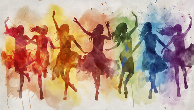 Silhouettes of dancing women, colorful watercolor style