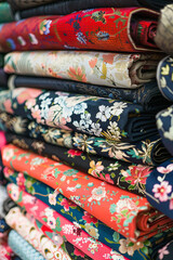 Traditional asian fabrics and clothes for sale in a shop in Malaysia - obrazy, fototapety, plakaty
