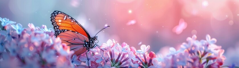 Closeup of a butterfly on lilac flowers, vibrant spring colors, photorealistic, natural lighting ,high resulution,clean sharp focus