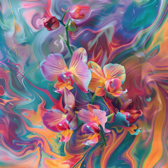 Psychedelic Orchid Display, Fluid Art Style with Swirling Colorful Patterns