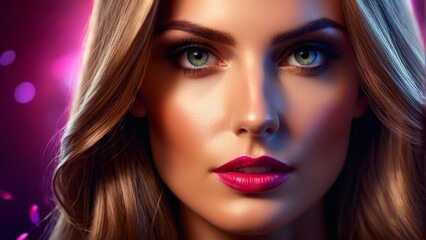 Fototapeta premium Woman with long blonde hair, blue eyes, and red lipstick against a purple backdrop