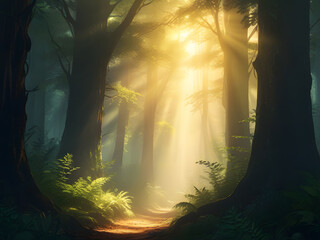 a forest with sun rays and the sun shining through the trees