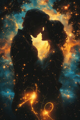 Obraz premium Silhouette of a romantic couple embracing each other with glowing stars in the background, a fantasy illustration