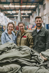 Fototapeta premium Group of happy clothing factory workers inside production area