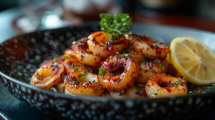 A delicious plate of seasoned grilled shrimp garnished with parsley and a slice of lemon presented appetizingly on a dark table setting.  - Powered by Adobe