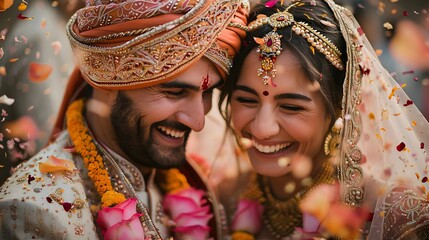 A traditional Indian bride and groom smiling amid a shower of flower petals during their wedding ceremony. 