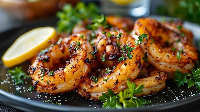 A close-up image of grilled shrimps garnished with parsley and lemon on a dark plate exudes culinary elegance and freshness for seafood lovers. 