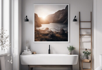Poster wall mockup in white cozy bathroom interior background 3d render