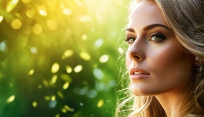   A tight shot of a woman's face with long blonde tresses and green eye makeup against a sunlit backdrop