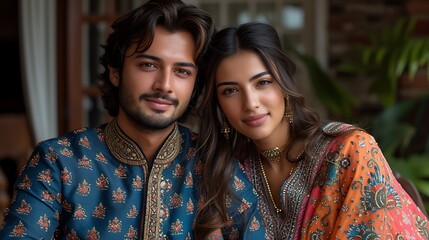 A portrait of a handsome man and beautiful woman dressed in traditional Indian attire with intricate designs, posing with a confident and serene expression. 