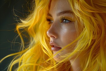 A close-up portrait of a woman with flowing yellow hair and a thoughtful expression. 