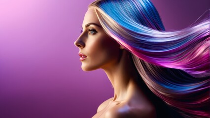   A woman with vibrant-hued hair featuring blue and pink streaks on the sides, before a purple backdrop