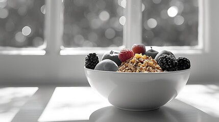 A fresh bowl of mixed berries and granola on a bright windowsill highlights healthy eating and...