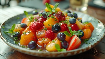 Close-up of a colorful fruit salad garnished with fresh mint leaves on a decorative plate, perfect...