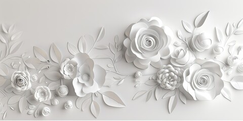White spring flowers made of paper on a white background, origami, creativity, decor, background, wallpaper.