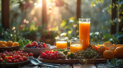 A fresh and healthy breakfast setup with orange juice and a variety of fruits on a wooden table backlit by warm morning sunlight  - Powered by Adobe