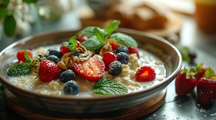 A fresh bowl of oatmeal adorned with an assortment of berries, nuts, and a mint garnish on a wooden...