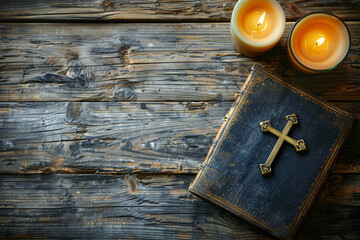 Old Holy Bible, candles and Crucifix on wooden background - obrazy, fototapety, plakaty