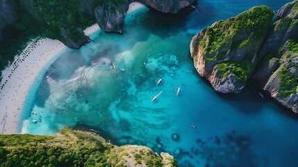Aerial view of a tranquil beach with crystal-clear waters surrounded by cliffs with boats floating...