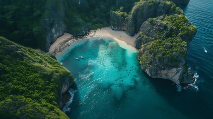A breathtaking aerial view of a secluded beach cove with crystal-clear waters surrounded by lush greenery and towering cliffs. 