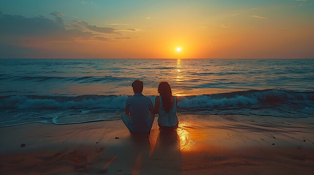 A romantic couple sits on the beach enjoying a stunning sunset over the ocean horizon. 
