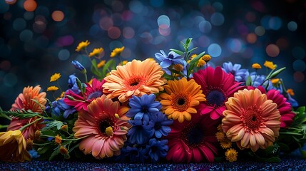 Fototapeta na wymiar A vibrant bouquet of colorful flowers set against a beautiful bokeh background, creating a serene and enchanting image for any project. 
