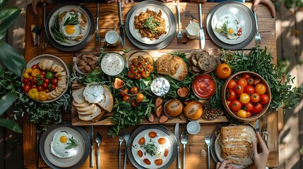 A rustic table setting abundantly filled with a variety of freshly prepared breakfast dishes, garnished with greenery under natural light  - obrazy, fototapety, plakaty